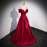 BXOXO Evening Dresses Red Short Sleeves Pleat Floor-Length Lace Up A-Line Elegant Boat Neck Satin New Party Formal Gowns Woman